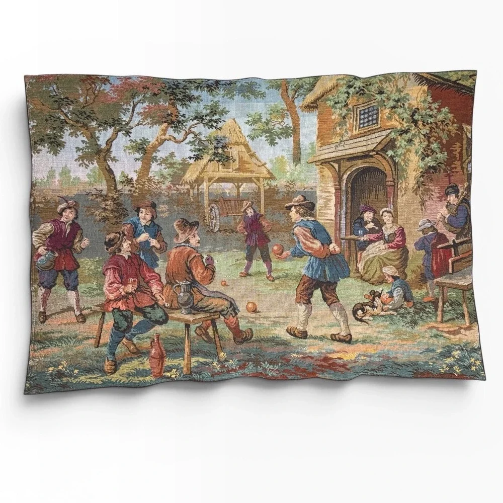 Vintage Woven Wall Tapestry Village Life Lawn Bowls Tavern Scene 32x23 Red Back